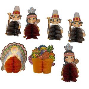 Vintage 1986 Thanksgiving Beistle Co. Honeycomb Paper Decorations Pilgrim Turkey